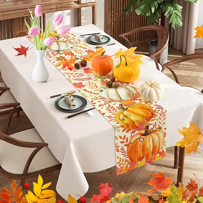 Pumpkin Fall Table Runner, Maple Leaf Autumn Thanksgiving Kitchen Table - Image 2
