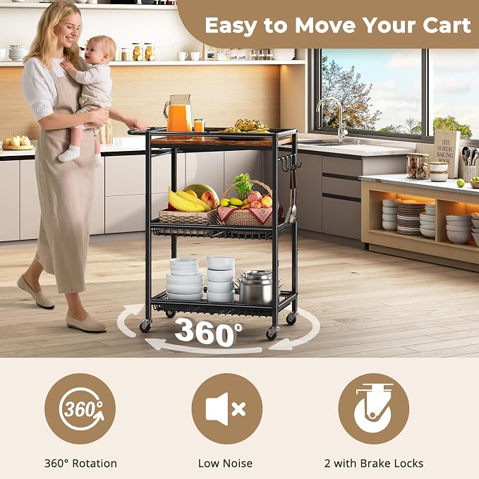 Microwave Kitchen Cart with Push Handle, 3 Tier Rolling Cart with 2 Lockable - Image 2