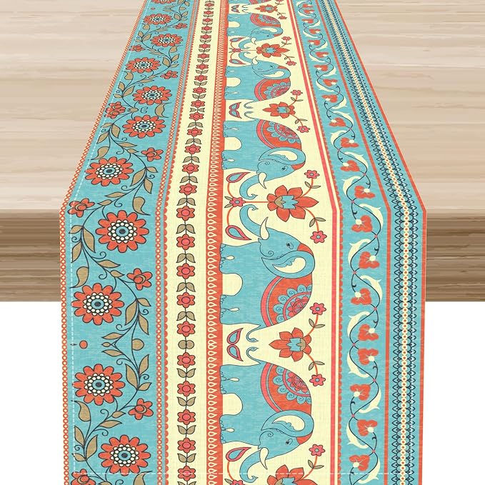 Boho Table Runner, Rustic African Tribe Indian Elephant Diwali India Ethnic by Unknown