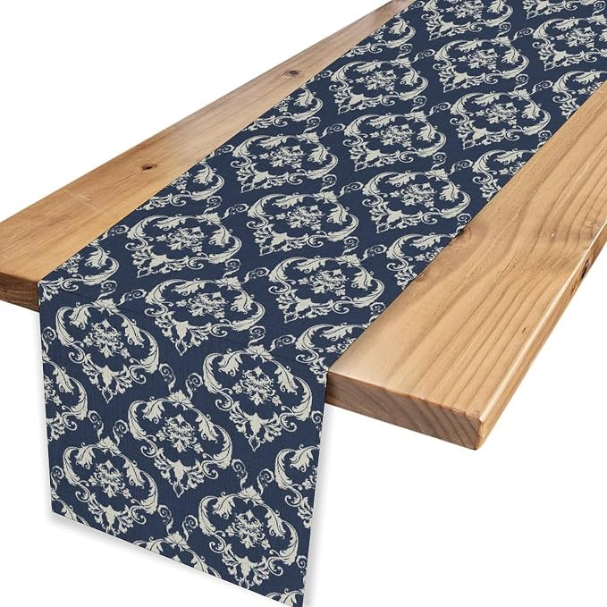 Blue Damask Table Runner, Rustic Gothic Baroque Style Floral Bohemian Boho - Image 4