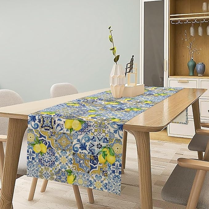 Farmhouse Rustic Lemon Table Runner, Vintage Morocco Blue Tiles Mediterranean - Image 2