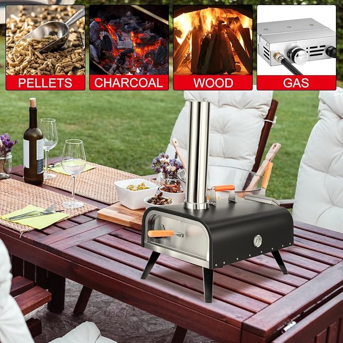 EDOSTORY Outdoor Wood Fired Gas 12'' Pizza Oven Multi-Fuel, Gas Burner - Image 5