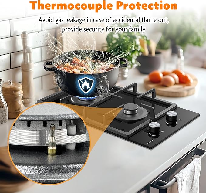 2 Burner Gas Cooktop, 12 Inch Built-in Propane/LPG/NG Dual Fuel Stove, - Image 4