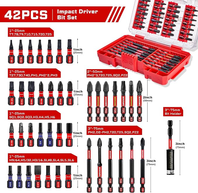 42Pieces Impact Screwdriver Bits Set, Magnetic S2 Steel - Image 2