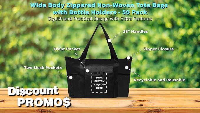 DISCOUNT PROMOS 50 Zippered Non-Woven Tote Bags Set - Image 3