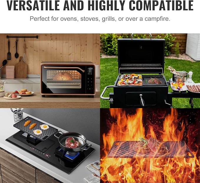VEVOR Reversible Grill/Griddle, 17x10'' Pre-Seasoned Cast Iron Griddle - Image 6