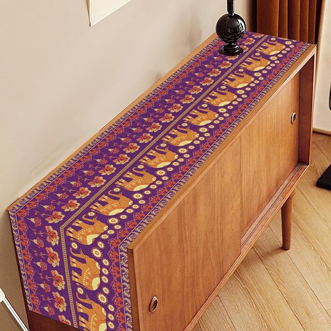 African Tribal Table Runner, Rustic Elephants Floral African Indian Diwali Art - Image 3