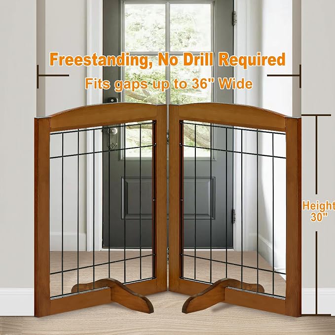 LZRS 2-Panel Freestanding Adjustable Wooden Dog Gate—30” Tall Foldable Pet - Image 2