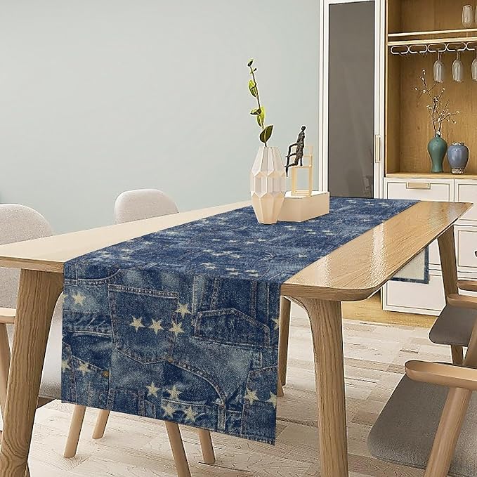 Patchwork Table Runner, Vintage Romance Jeans Pentagram Splicing Print Table - Image 3