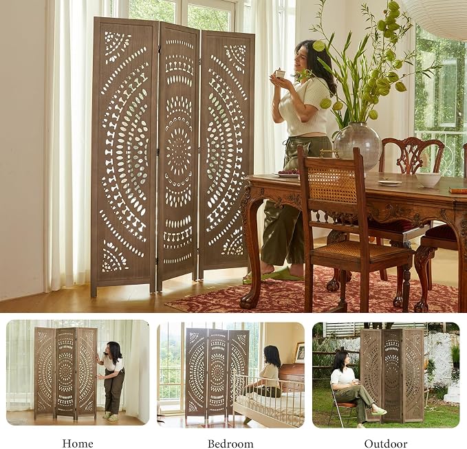 Room Divider Wood Carved Wall Divider Indoor Folding Bohemian Style Portable - Image 6