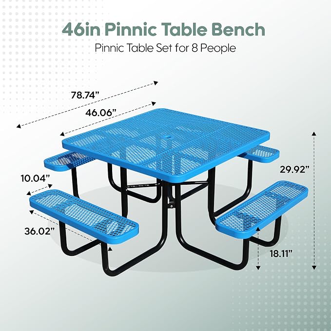 46" Square Picnic Table for Outside, Heavy Duty Metal Picnic Table Bench Set - Image 2