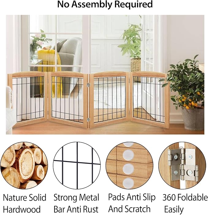 LZRS 4-Panel Extra-Wide Wooden Freestanding Dog Gate: Foldable Solid Wood and - Image 3