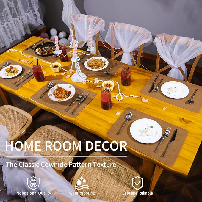 Cowhide Pattern Faux Leather Placemats Set of 6, Heat Resistant Non-Slip - Image 3