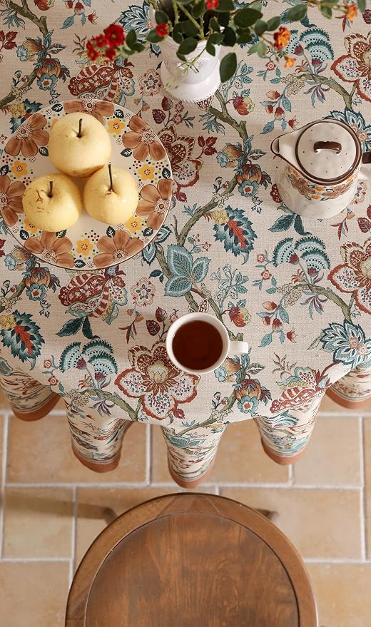 Designer Linen Round Tablecloth, Vintage Indian Style Wrinkle Free Block Print - Image 8
