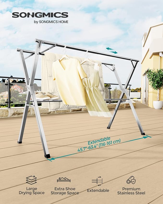 SONGMICS Clothes Drying Rack, Heavy-Duty Laundry Drying Rack, 45.7-63.4 Inches - Image 3