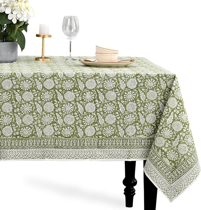 CPC Olive Bloom Tablecloth 100% Cotton 60x90 Inch Indian Block Print Rectangle by COTTONPRINTCLUB