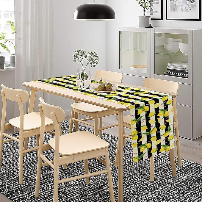 Farmhouse Lemon Fruit Table Runner Nature Aesthetic Black White Stripe Flowers - Image 5