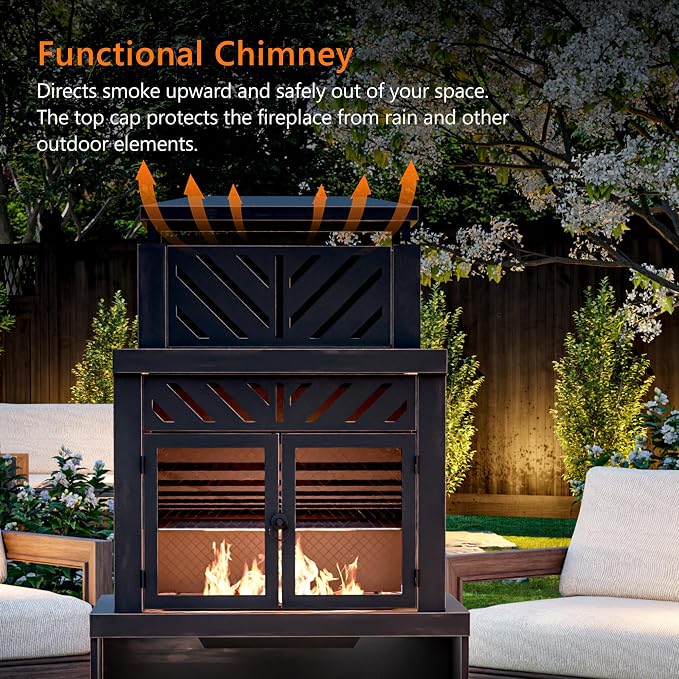 Outdoor Fireplace with Chimney and Wood Storage, Metal Wood Burning Fire Pit - Image 5