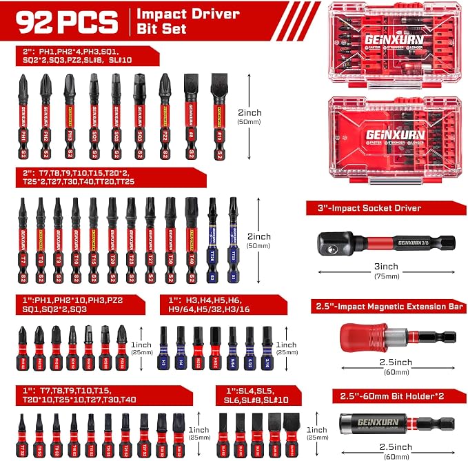 92Pieces Impact Screwdriver Bits Set, Magnetic S2 Steel 1”/2” - Image 2