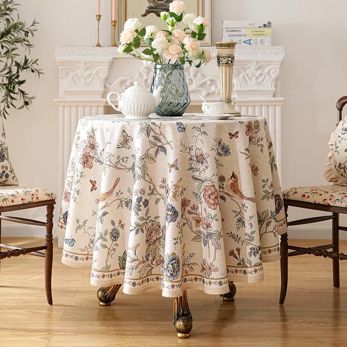 ISAENNE Designer French Light Beige Small Round Tablecloth, Linen Florals and - Image 2