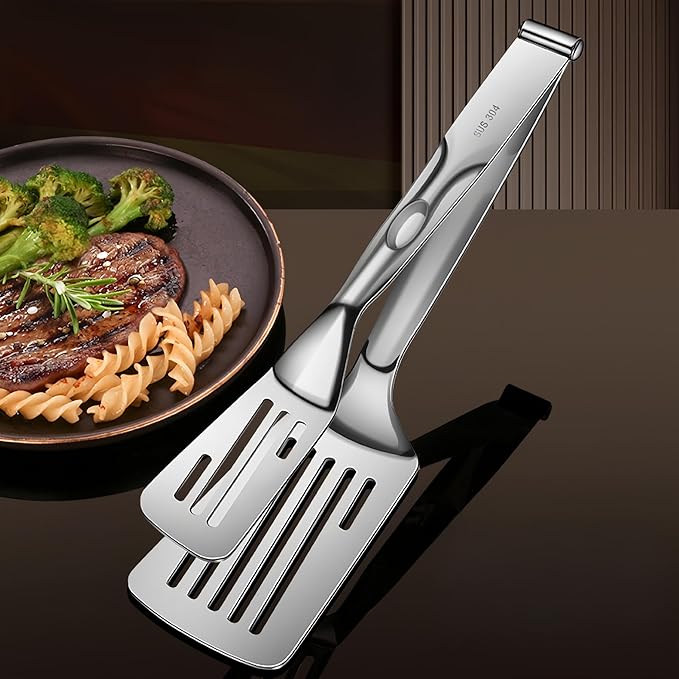 Tongs, 12.8 Inch 304 Stainless Steel, Silver, Detachable Spatula