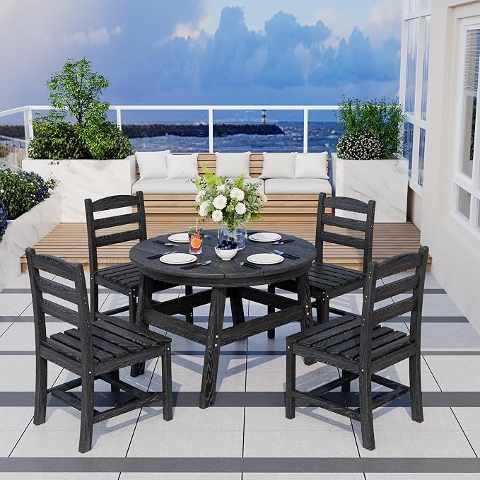 Pamapic 5 PCS Round Outdoor Dining Set, Wood Grain HDPE Outdoor Table and Chairs by Pamapic