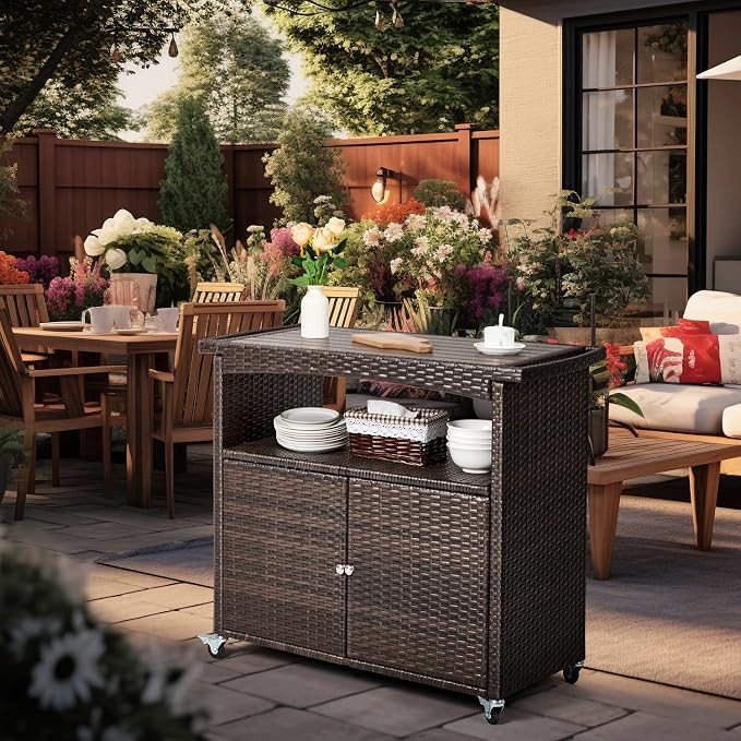 Outdoor Bar Cart with Storage Cabinet Patio Wicker Sideboard Buffet Cabinet - Image 3