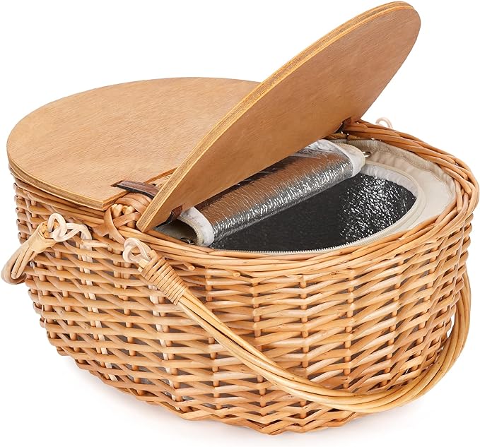 Wicker Picnic Basket with Cooler, Wooden Split Lid Picnic Basket, Vintage-Style by ZORMY