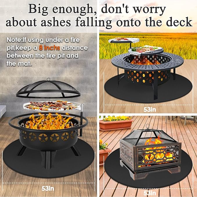 Fire Pit Floor Mat, 53 Inch Round Fiberglass Deck Protector, Black