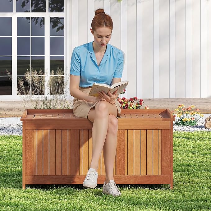 Tangkula 58 Gallon Wood Outdoor Storage Box, 3-in-1 Patio Storage Bench - Image 9