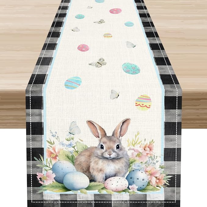 Easter Table Runner, Vinatge Black Plaid Rabbit Easter Eggs Butterflies Floral by Unknown