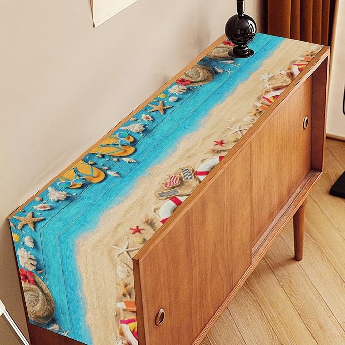 Summer Coastal Table Runner, Nautical Starfish Beach Seashell Ocean Retro - Image 3