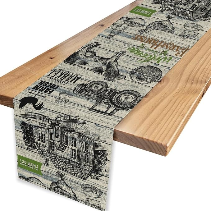 Farmhouse Cow Table Runner, Retro Rustic Country Barn Cottage Rooster Cow - Image 4