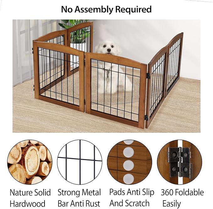 LZRS 6-Panel Extra Wide Wooden Freestanding Dog Gate: Foldable Solid Wood and - Image 3