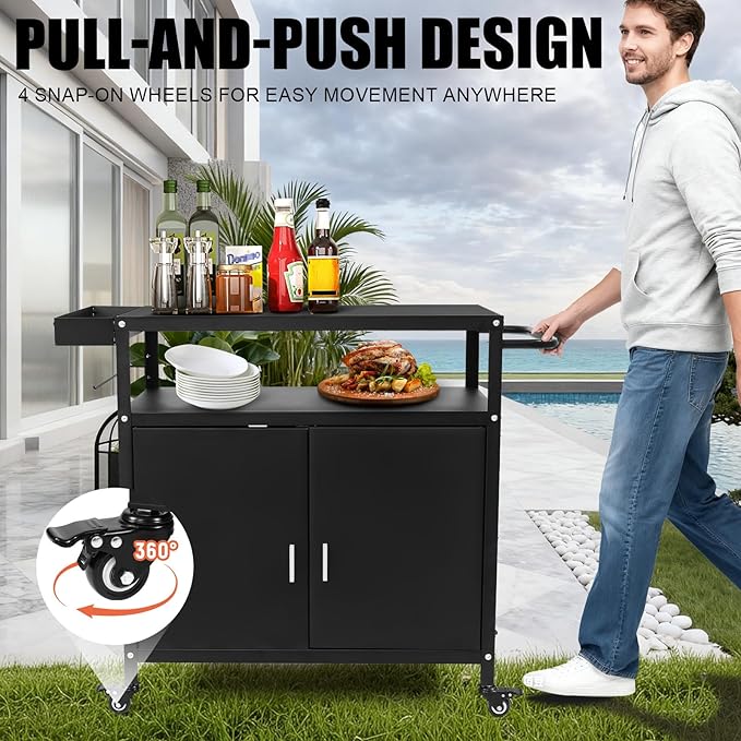 Grill Cart with Storage, Outdoor Bar Cart Rolling BBQ Cart Movable Pizza Oven - Image 3