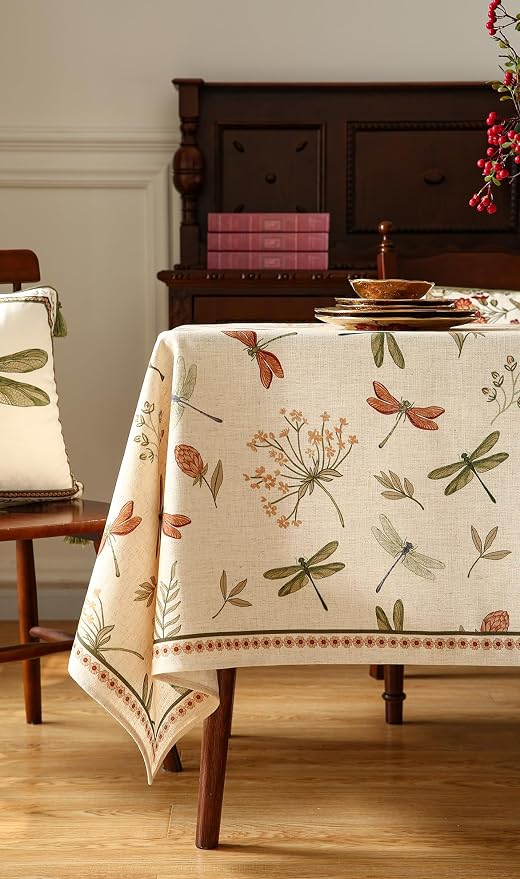 ISAENNE Designer Floral Linen Small Rectangular Tablecloth, French Off White - Image 8