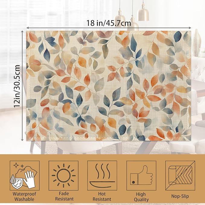 Placemats Set of 6, Autumn Leaves Table Mats, Fall Colorful Washable Linen - Image 6