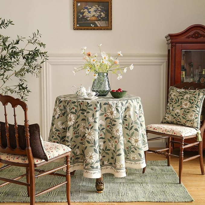 ISAENNE Designer Green Linen Small Round Tablecloth, Floral French Country - Image 2