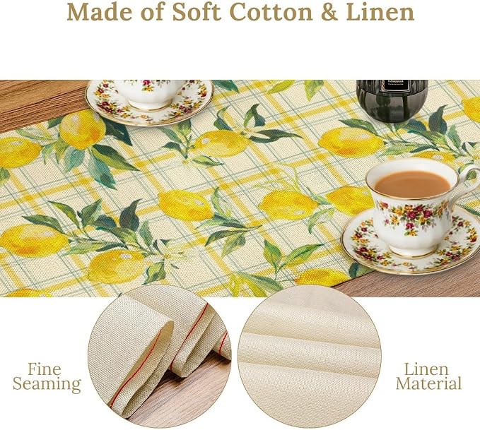 Yellow Plaid Lemon Table Runner Nature Watercolor Plant Countryside Farm Fruit - Image 6