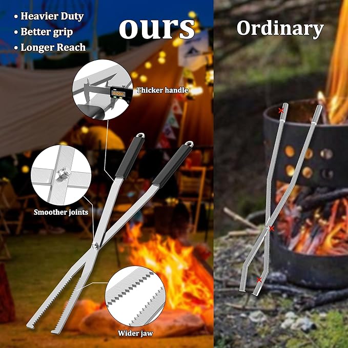 Tongs and Poker Set, 27.5-Inch Carbon Steel Fire Pit Tools
