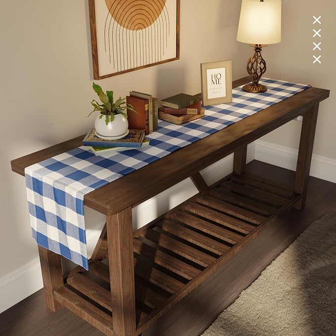 Encasa XO Cotton Dining Table Runner | Buffalo Blue Checks | Size 13x91 in - Image 2