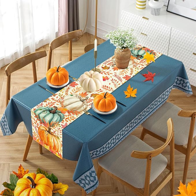 Pumpkin Fall Table Runner, Maple Leaf Autumn Thanksgiving Kitchen Table - Image 3