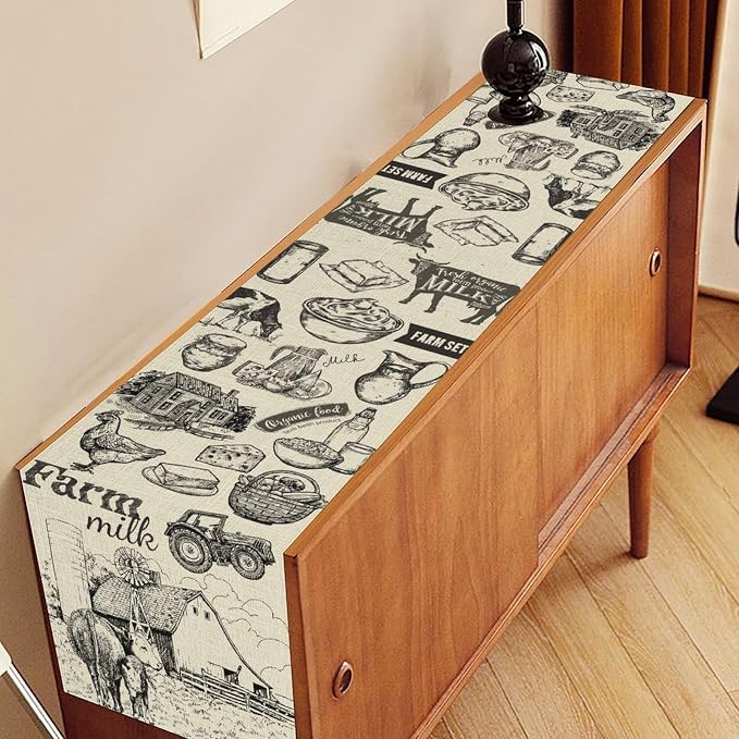 Farm Animals Table Runner, Rustic Farmhouse Rooster Cow Chicken Black Print - Image 3