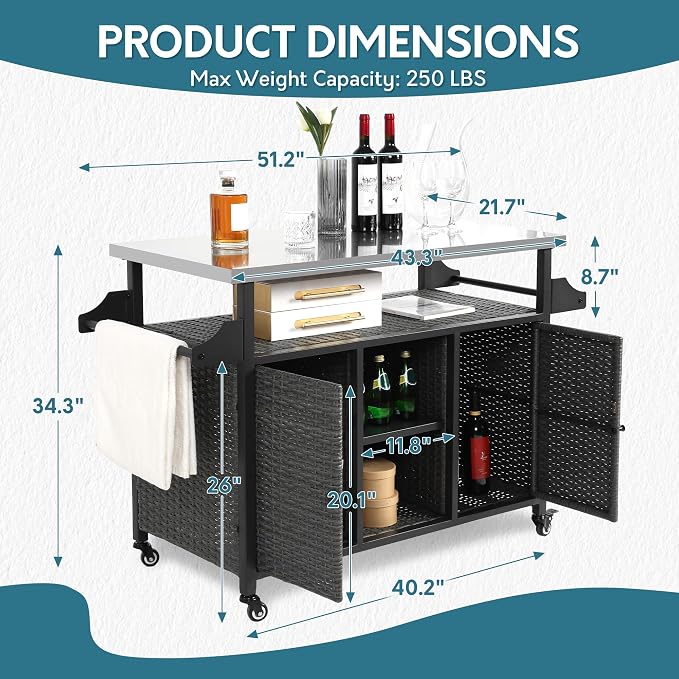 Outdoor Wicker Grill Cart with Storage Cabinet, Outdoor Moveable Bar with - Image 4