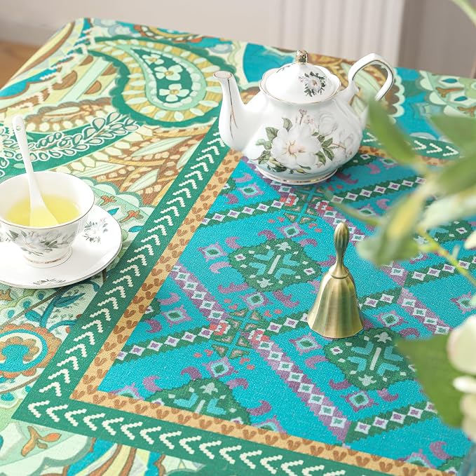 Linen Square Green Tablecloth, Wrinkle Resistant French Vintage Tablecloth Print - Image 9