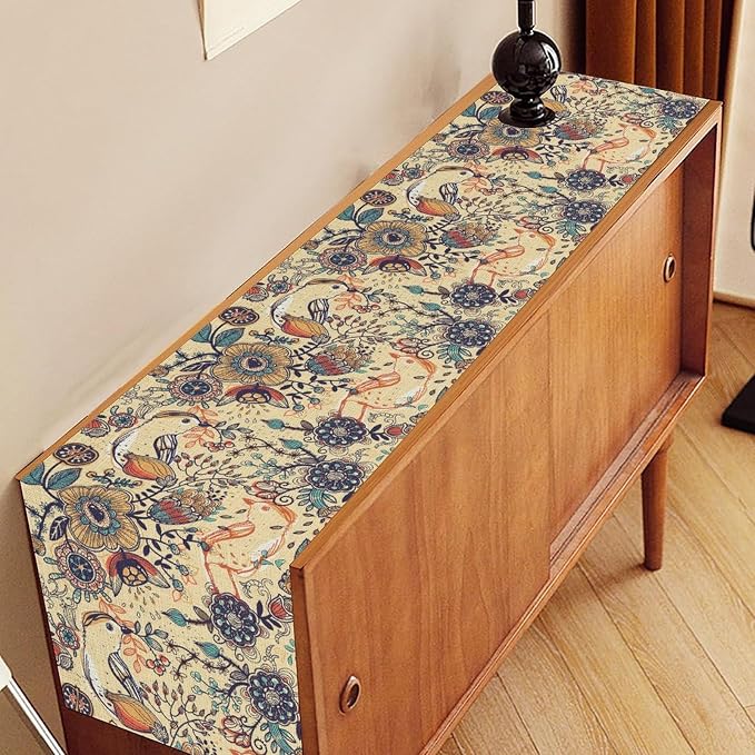 Beige Paisley Table Runner, Rustic Damask Antique Floral Flower Retro Boho - Image 3
