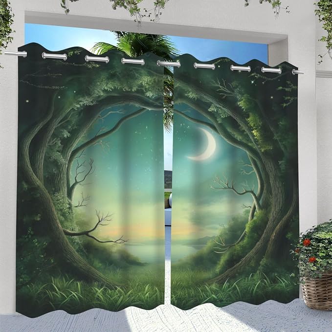 Forest Theme Outdoor Curtains for Patio Waterproof, Trees Moon Lake Pattern - Image 2