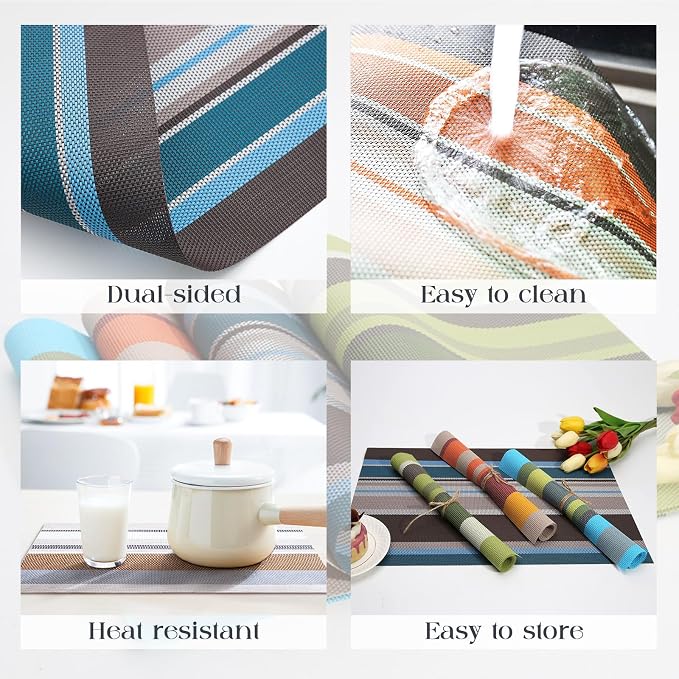 Set of 6 Colorful Striped Vinyl Placemats Heat-Resistant Washable Placemats - Image 5