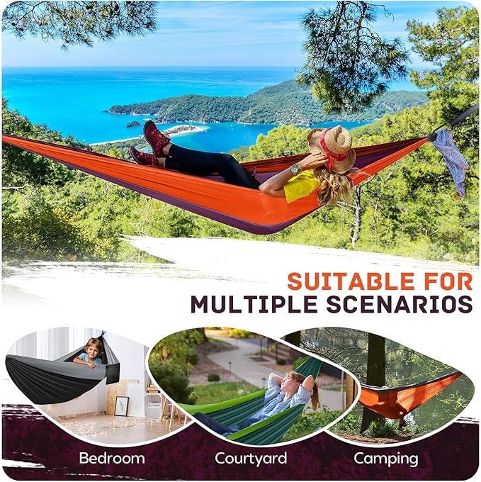 Double Camping Hammock, Nylon, 600 lb Capacity, 106 x 55 Inch