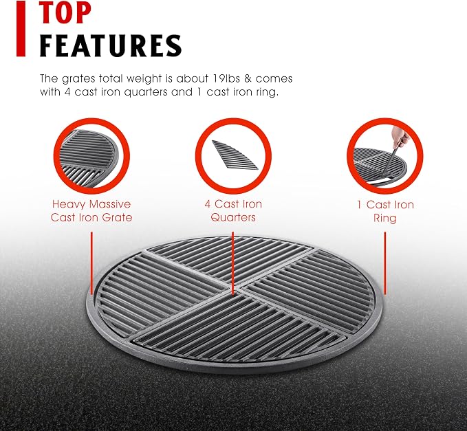 Pre-Seasoned Modular Cast Iron Grate, Fits 22.5" Kettle Grills Like Weber and - Image 3